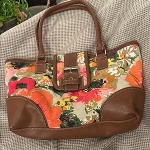 Liz Claiborne Floral Canvas and Brown Leather Shoulder Bag